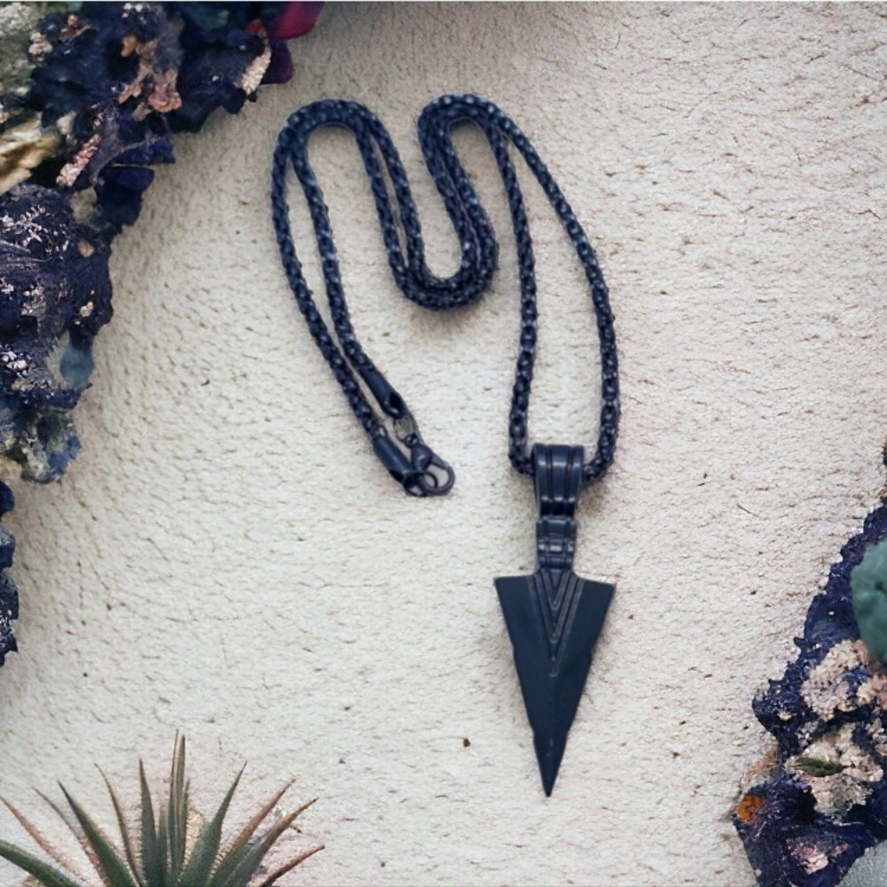 Stainless Steel Spearpoint Arrowhead Pendant Men's Necklace 22" Chain Black New